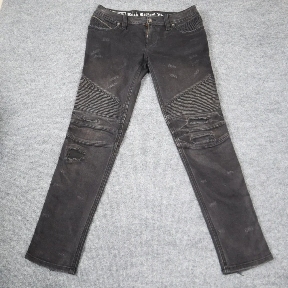 Rock Revival Moto Men Black Distressed Biker Jeans‎ Slim Fit Ribbed Details READ